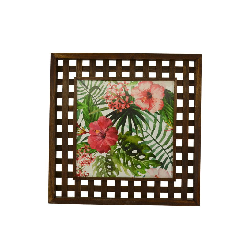 Wooden lattice framed flowers painting art 18F217