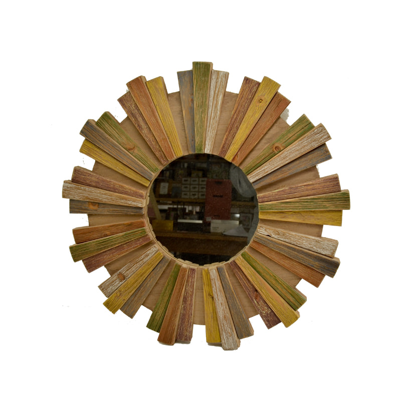 Wooden mirror, round,  wood chips design,  sun 18F268