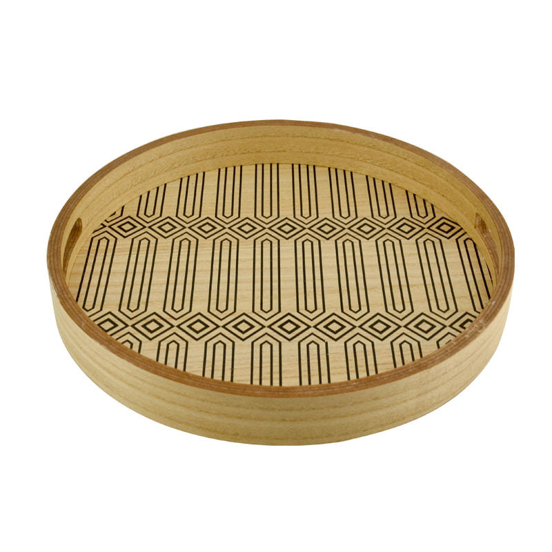 Plywood and MDF tray, round, tribal design  18F190