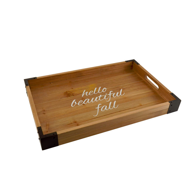Wooden tray w / metal corners, rectangular, fall 18F210-1
