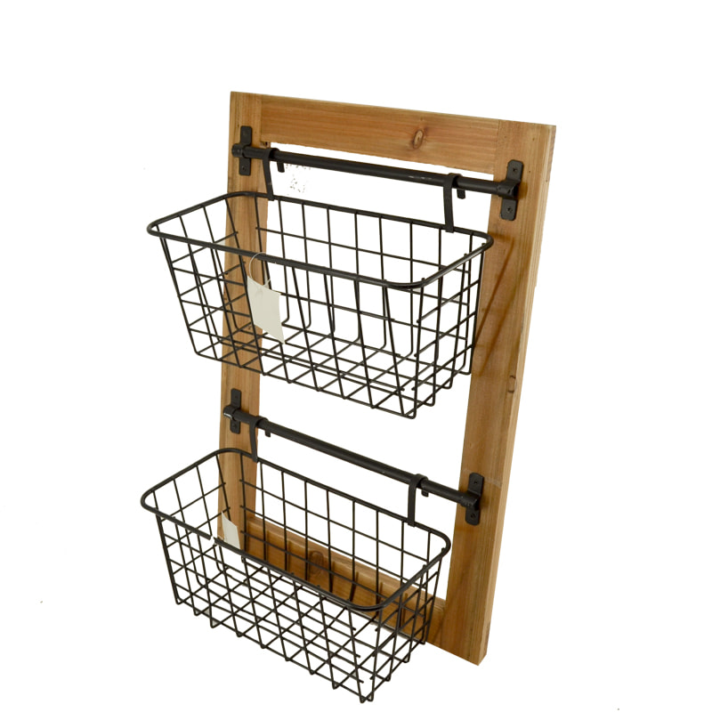 Wood and metal basket rack, 2 layers 18F530