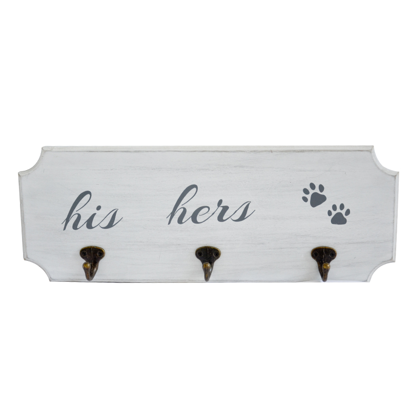 MDF & Metal wall hooks, 3 hooks, white backboard, white distressed 19S515