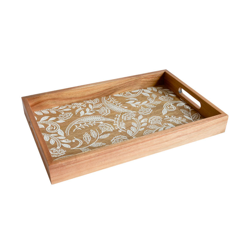 Wooden tray, rectangular, white floral printing  19S626