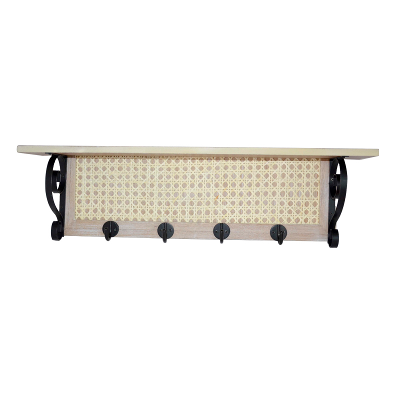 Wooden & metal wall rack w / 4 metal hooks, rattan lace decored 19SH-136