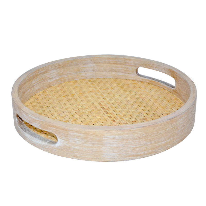 Wooden tray, round, rattan weaving bottom  19SH-140