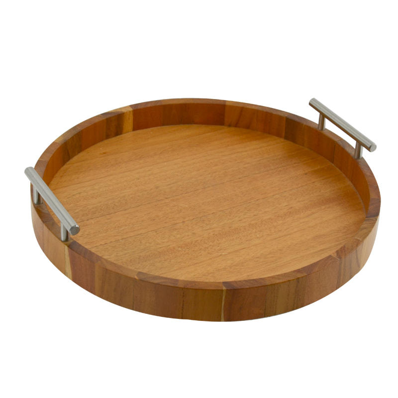 Wooden tray w / metal handle, round,  brown color AL005