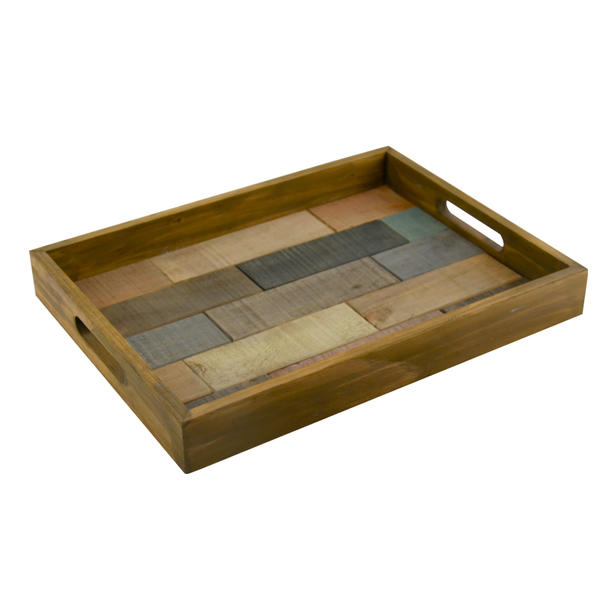 Wooden tray, rectangular, colorful checked bottom AL015