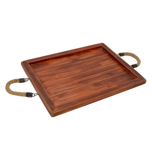 Wooden tray, rectangular, shallow frame w / rope handle  AL025