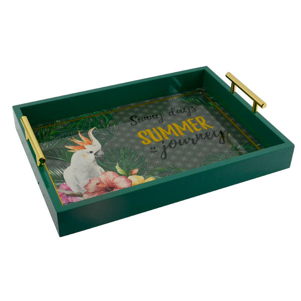 Deep green wooden tray w / metal handle, summer, rectangular AL035