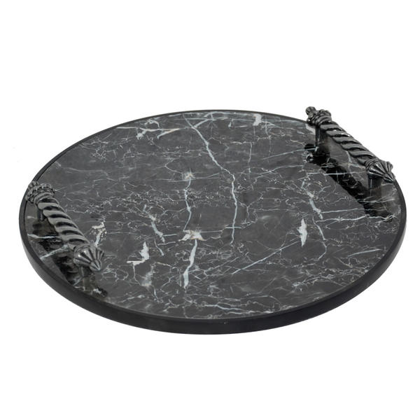 MDF artificial marbled round tray w/vintage style metal handle AL048