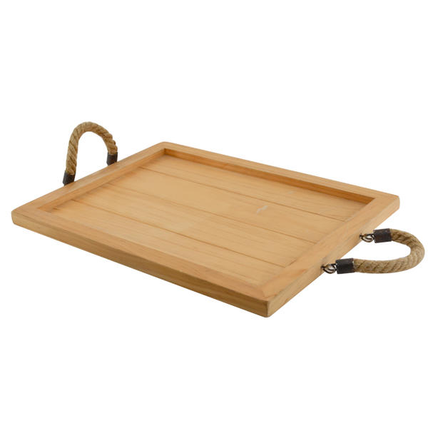 Shallow framed wooden tray w / rope handle, slotted bottom, rectangular AL050