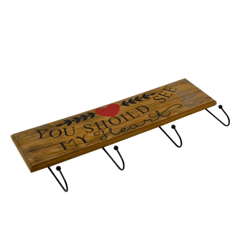 Wooden & Metal wall hooks,  4 hooks, brown backboard AL055