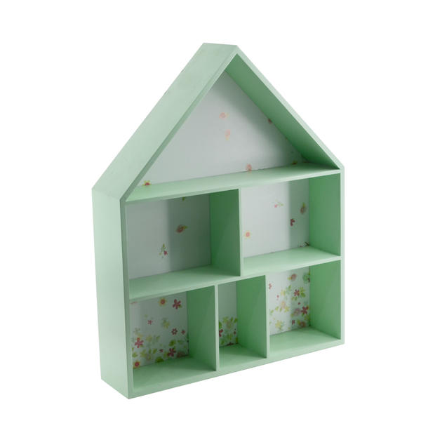 MDF house shape wall rack, green, floral design, 6 compartments AL071