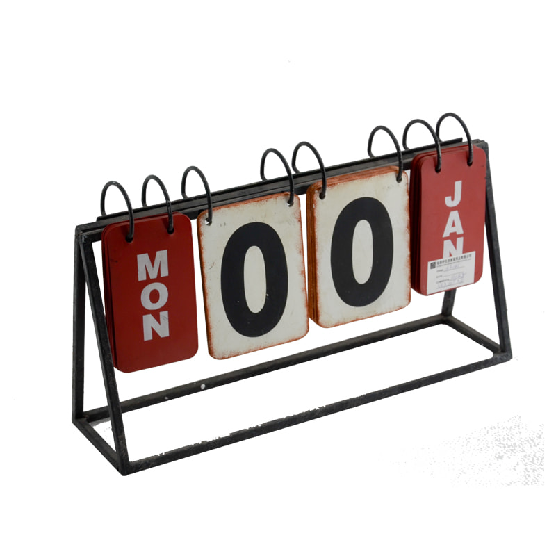Metal & plywood desk top calendar, flip over Perpetual calendar,  metal stand, corner distressed AL086