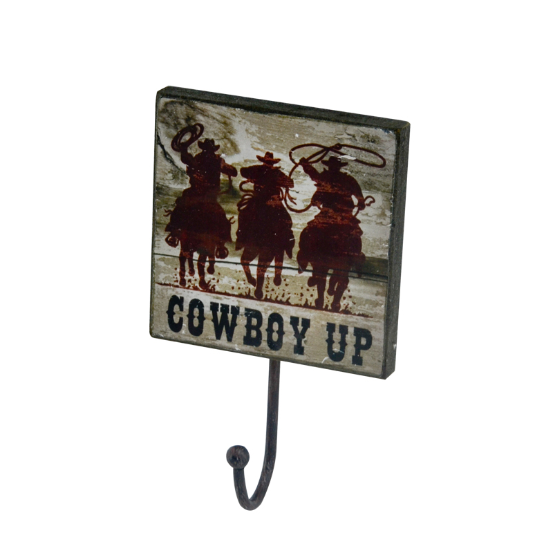 Square MDF & metal single  wall hook,  cow boy design,  vintage style AL202