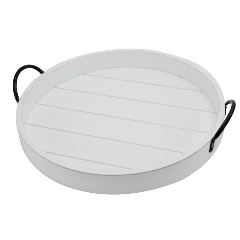 Wooden tray w / metal handle , round, slotted bottom  AL2033