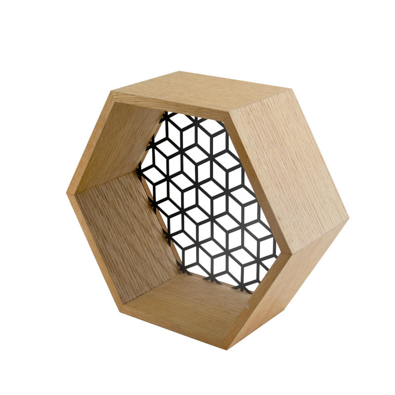 Wood & metal wall rack, hexagon, hive background AL210