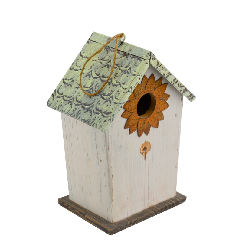 Wooden birdhouse with metal window and metal roof AL217
