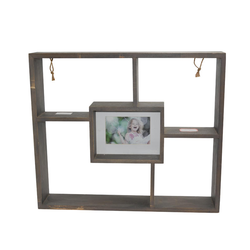 Wooden wall rack with photo frame in the middle,  4 compartments,  string hang, vintage style AL289