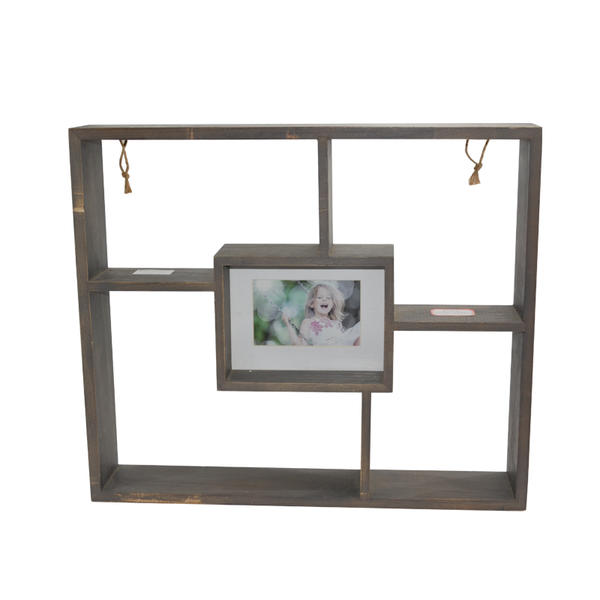 Wooden wall rack with photo frame in the middle,  4 compartments,  string hang, vintage style AL289