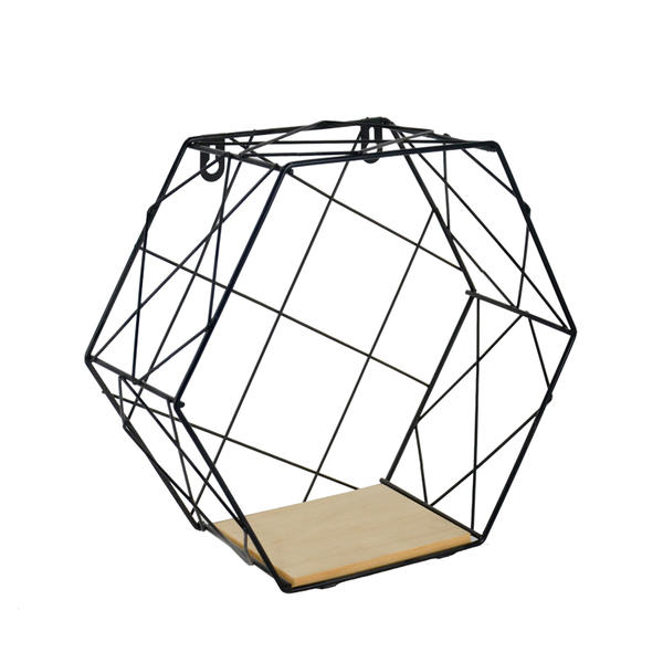 Metal & wood wall rack, hexagon, black ALGY801