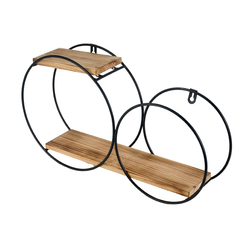 Metal & wood wall rack, 2 circles,  fire burned design,  2 layers ALGY808