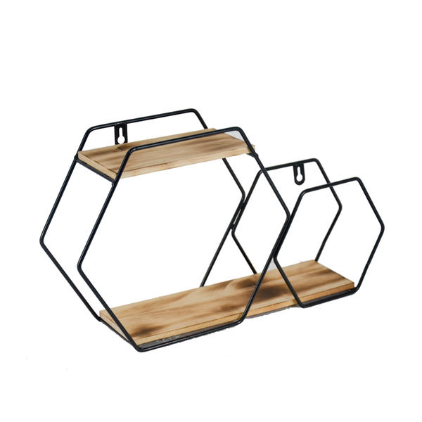 Metal & wood wall rack, 2  hexagons,  fire burned design,  2 layers ALGY809