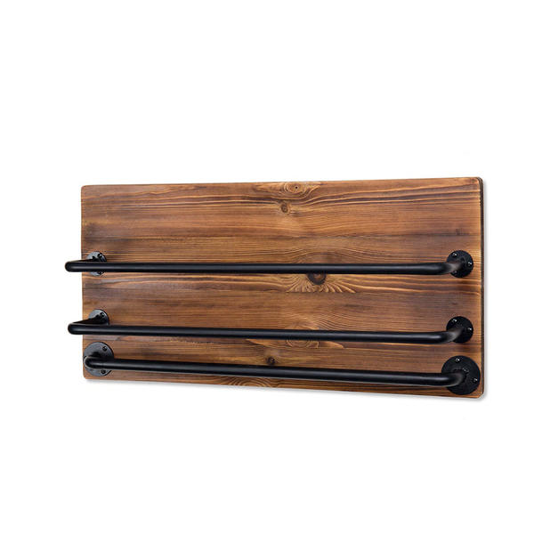 Wood and metal towel rack, fire burned style, 3 bars ALY0021