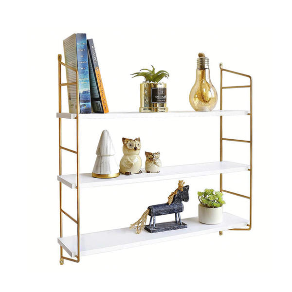 Metal & wood wall rack, square,  3 layers,  golden & white color ALY0024