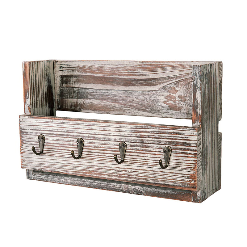 Wooden wall rack with 4 metal hooks, beige w / white distress,  vintage style ALY0050