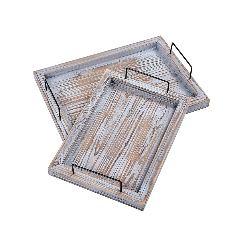2/S nesting wooden trays w/ metal handle, gray distress finish ALY0303