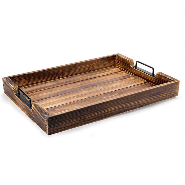 Wooden tray w / metal handle,  fire burned distress finish, slotted bottom  ALY0305 