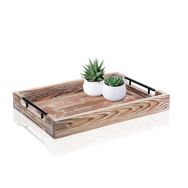Wooden tray w / metal handle, burned distressed  ALY0309