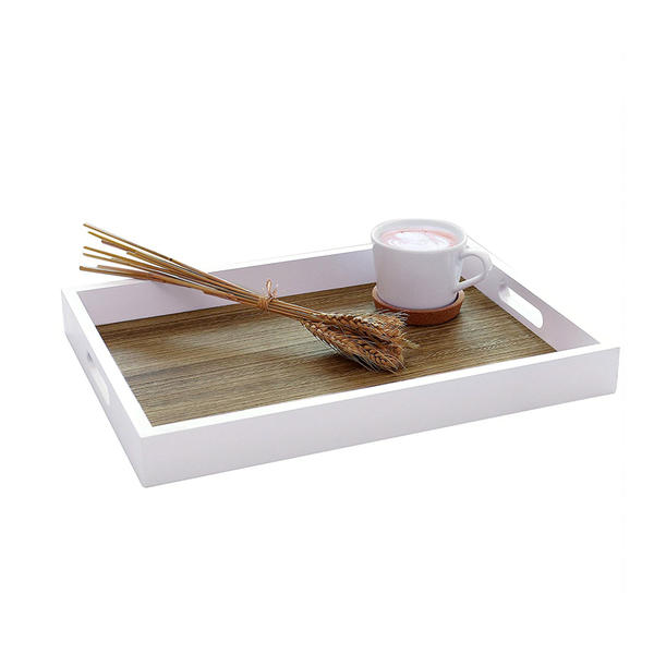 Wooden tray, rectangular,  white framed, wood grain lacqued bottom  ALY0314