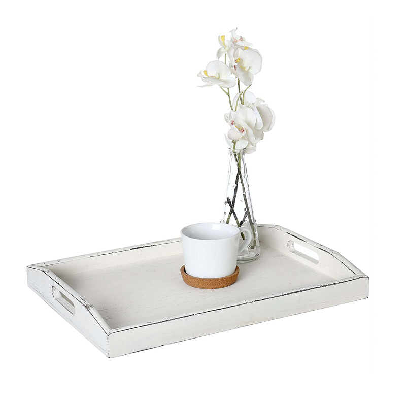 Wooden rectangular tray, white, edge black distressed  ALY0318