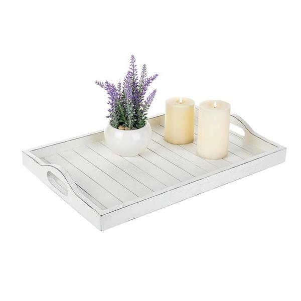 Wooden tray , rectangular,  bulge out handle,  slotted bottom, white  ALY0323