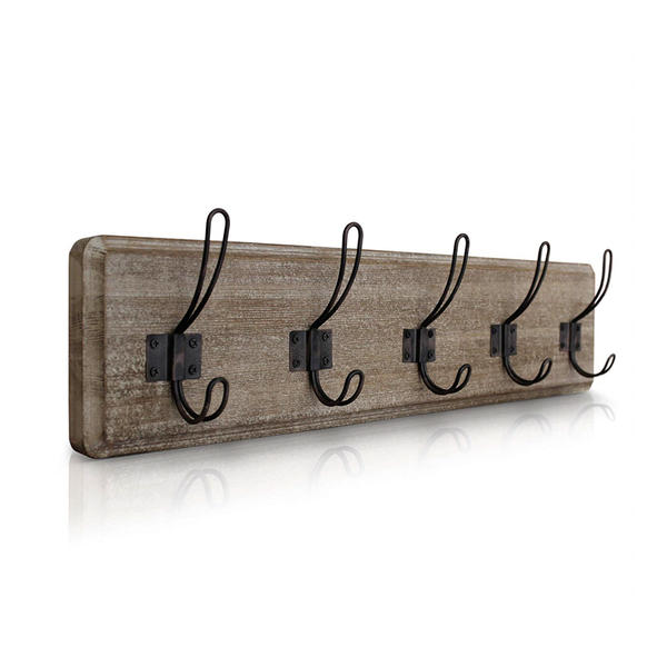 Wooden & Metal wall hooks,  5 hooks, beige backboard w / slightly white distress,  vintage style ALY0454