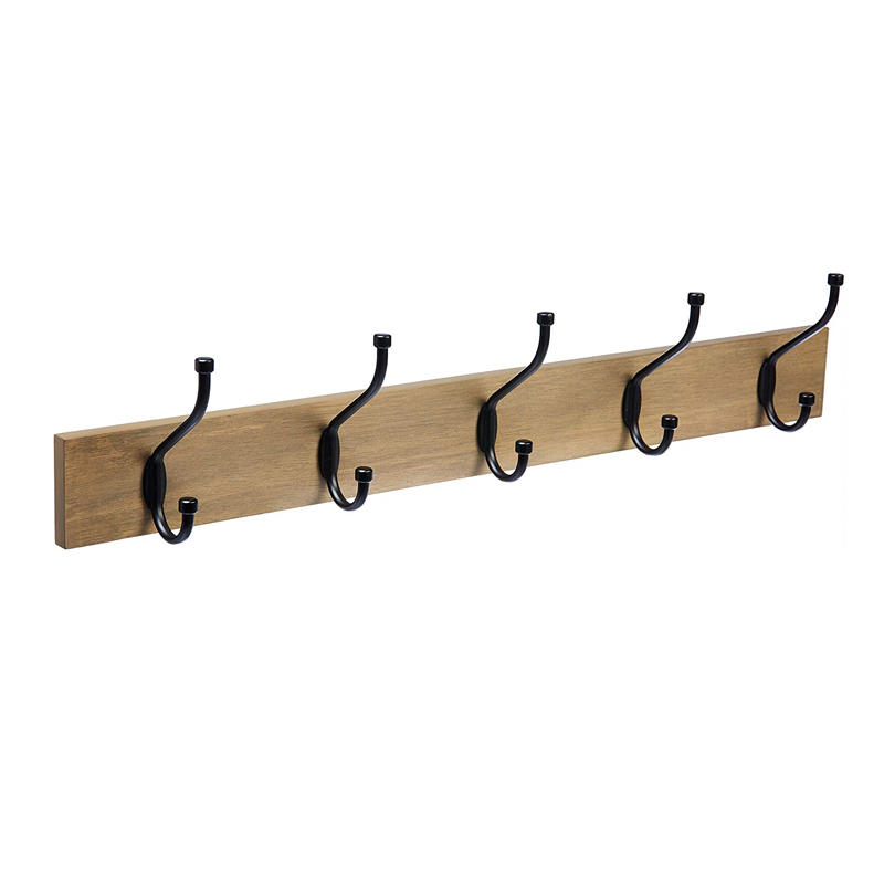 Wooden & Metal wall hooks,  5 hooks, brown wood backboard ALY0456