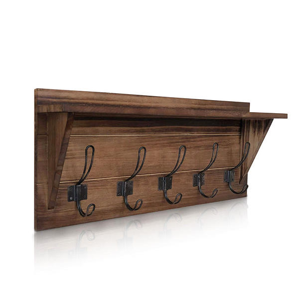 Wooden & Metal wall hooks,  5 hooks, dard wood backboard w / slots,  vintage style ALY0457