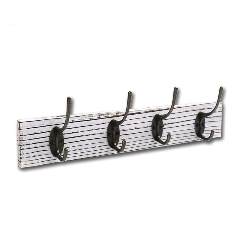 Wooden & Metal wall hooks,  4 hooks, white distressed wood backboard ALY0470