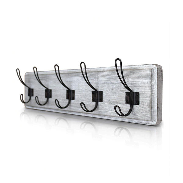 Wooden & Metal wall hooks,  5 hooks, beige backboard w / white distress,  vintage style ALY0471