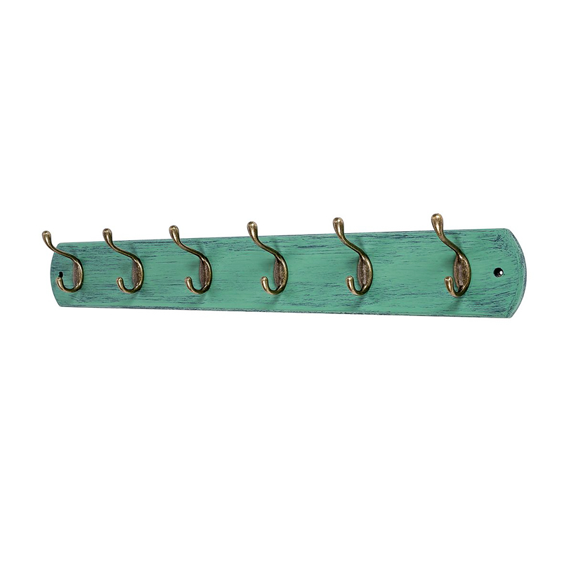 Wooden & Metal wall hooks,  5 hooks, green wood backboard ALY0477