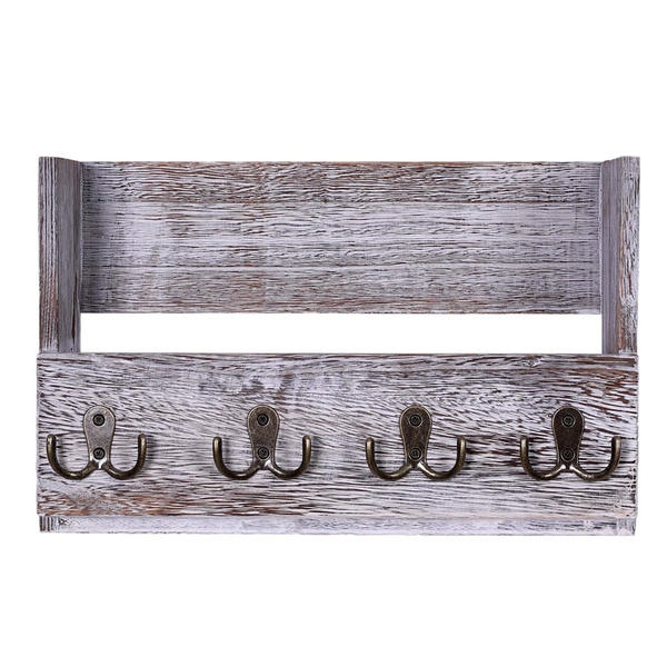 Wooden storage wall hooks,  4 metal hooks, white distressed, vintage style  ALY0488
