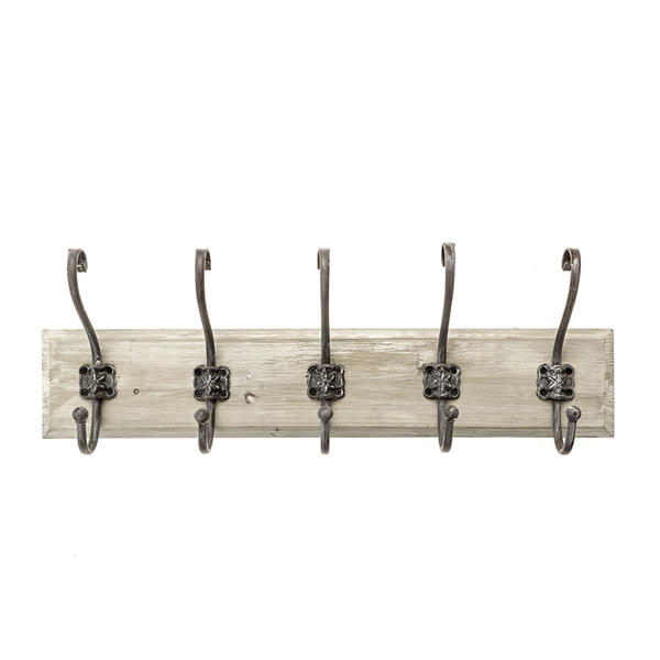 Wooden & Metal wall hooks,  5 metal hooks, beige wood backboard, vintage style ALY0489