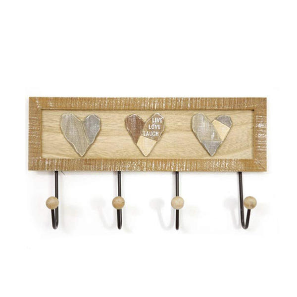 Wood & metal hooks w / hearts design, natural wood w / slightly white distress,  4 metal hooks ALY0500