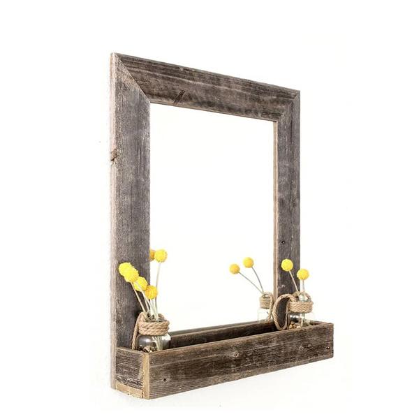 Old wood framed mirror w / storage rack, rectangular, vintage style ALY0764
