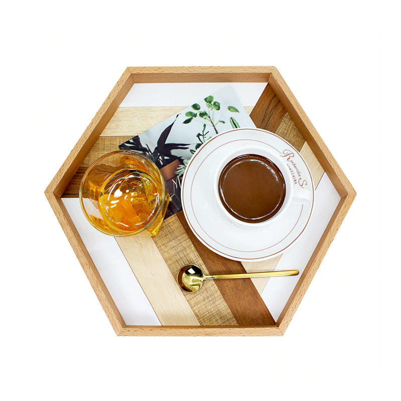 Wooden tray, hexagon, colorful epaulette bottom  ALY1010