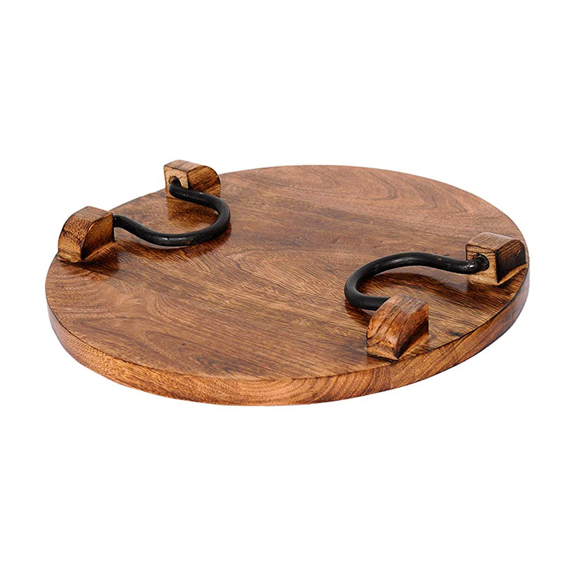 Wooden frameless tray w / metal handle, round, fire burn distress finish  ALY1015