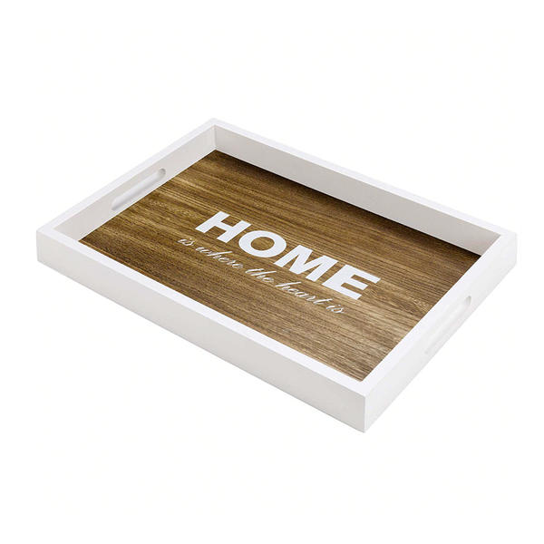 Wooden tray, rectangular,  white framed, wood grain lacqued bottom  ALY1020