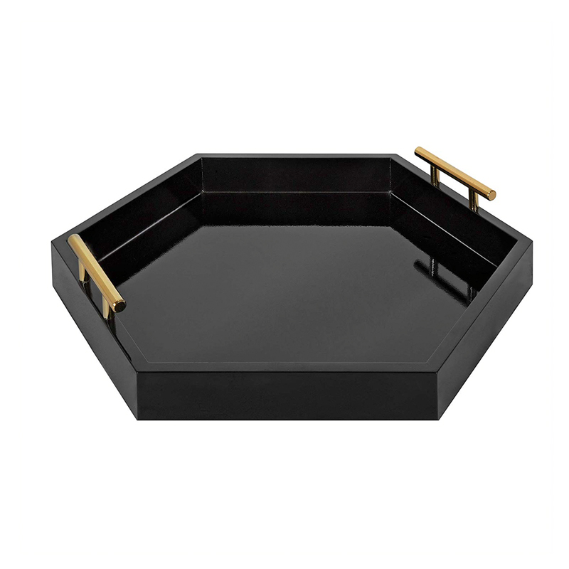 MDF tray, hexagon, shiny lacquer paint, Black  ALY1027